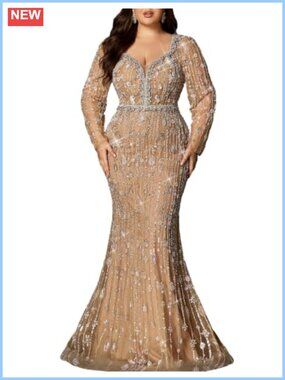 Plus Size Sequin Beaded Mermaid Prom Dress Long Sleeve Formal Gown